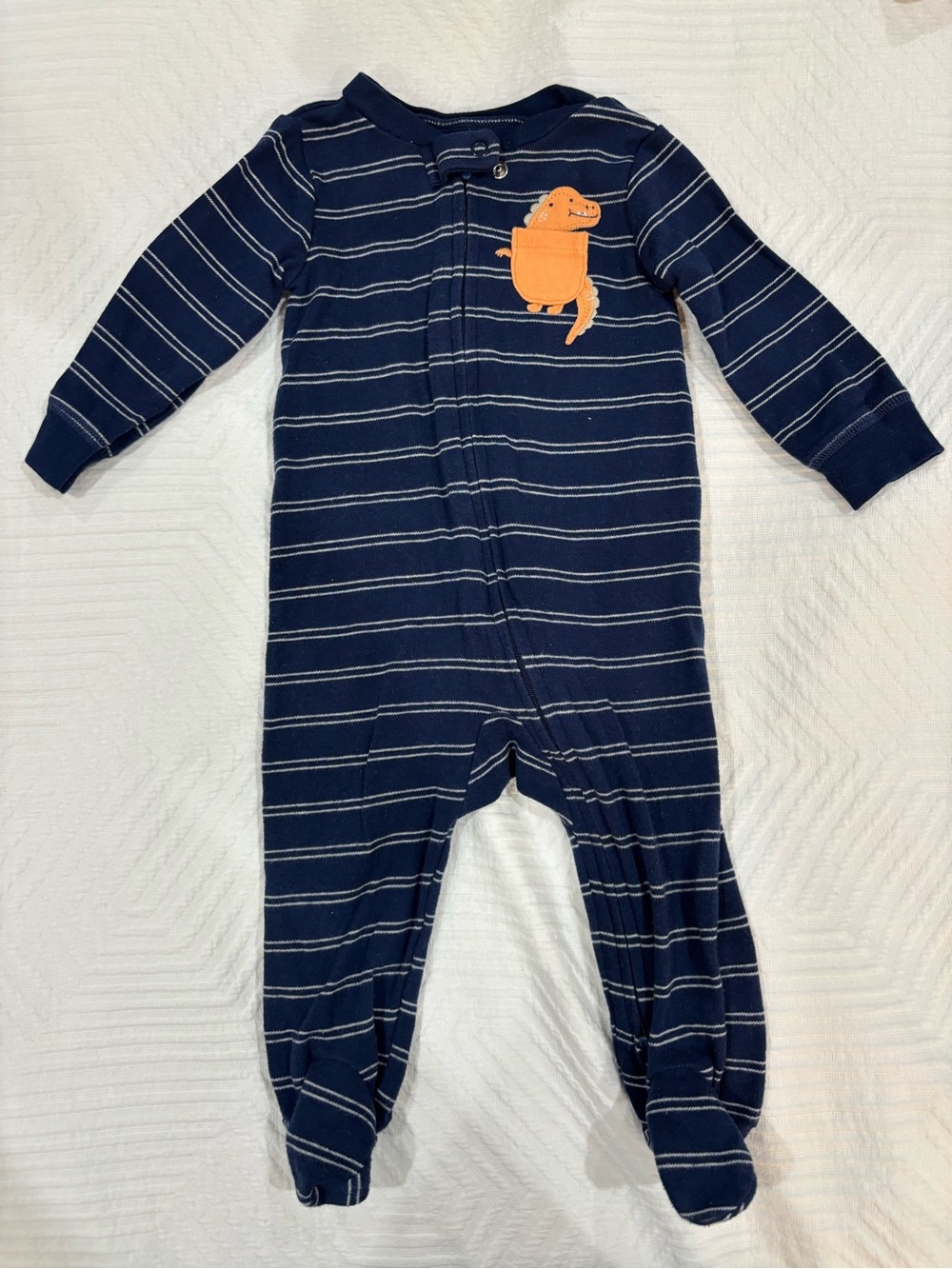 Carter's Navy Striped Footed One-Piece with Orange Dino Pocket